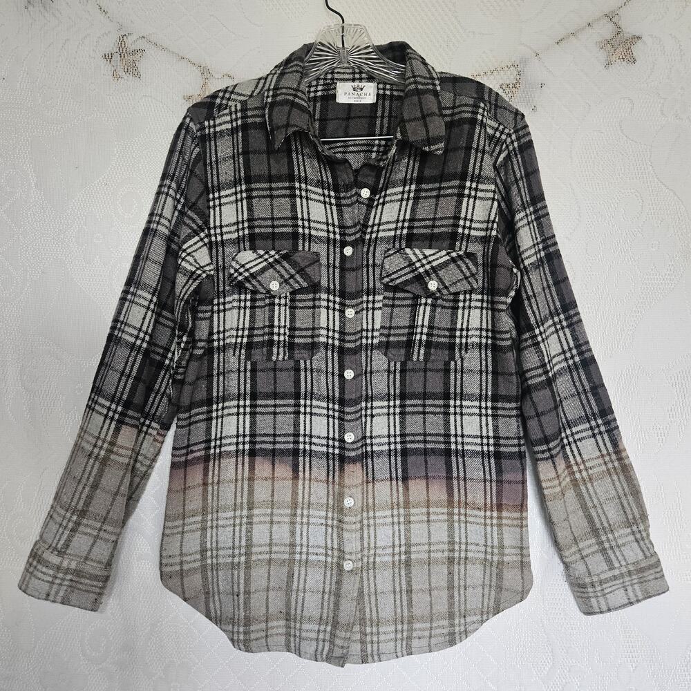 Panache Accessories Small Plaid Ombre Bleached Button Up Top 90s Grunge Skater